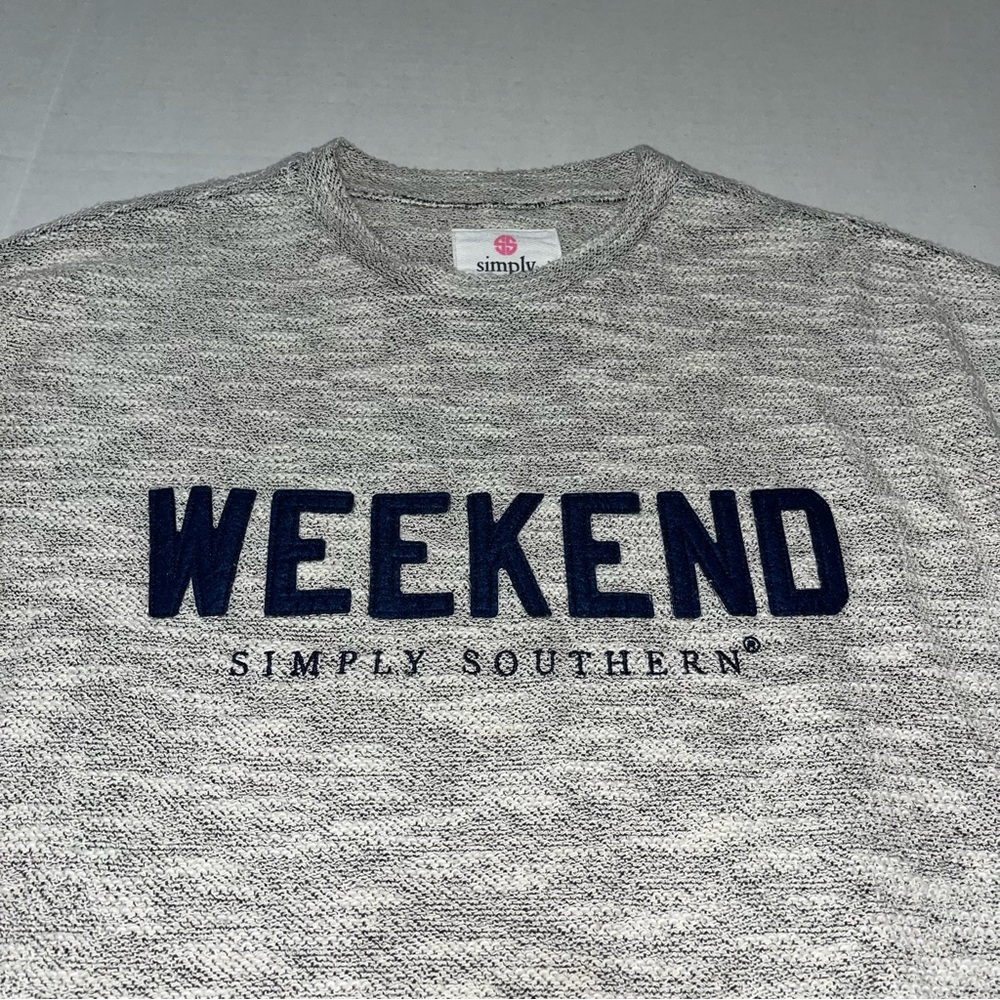 Simply Southern Terry Textured Long Sleeve Gray & Blue Weekend Top Size Large